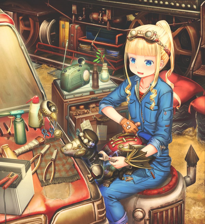 1girl abo_(kawatasyunnnosukesabu) bangs battery blonde_hair blue_eyes blue_jumpsuit blunt_bangs bottle brown_gloves car chest_of_drawers clock commentary_request cushion gloves goggles goggles_on_head ground_vehicle hammer highres holding_wrench jumper_cable jumpsuit long_hair motor_vehicle open_mouth original placemat pocket ponytail radio railroad_tracks robot screwdriver sidelocks single_glove sitting sleeves_rolled_up smile solo spray_bottle suitcase tire train vase wrench