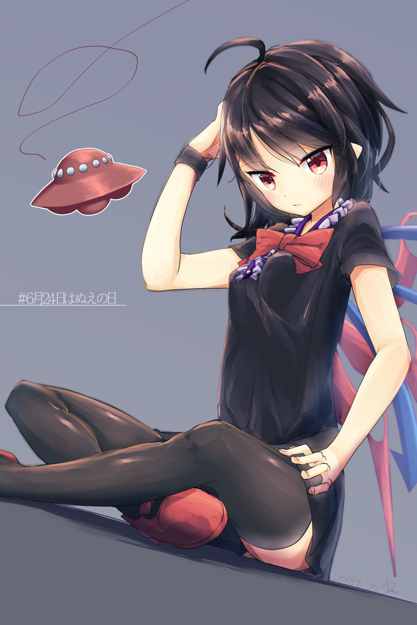 1girl ahoge arm_up asymmetrical_wings black_dress black_hair black_legwear blue_wings blush breasts commentary_request dated dress eyebrows_visible_through_hair feet_out_of_frame grey_background highres houjuu_nue kisamu_(ksmz) looking_at_viewer nue_day pointy_ears red_eyes red_footwear red_wings shoes short_dress short_hair short_sleeves simple_background sitting small_breasts solo thigh-highs thighs touhou translated ufo wings wristband zettai_ryouiki