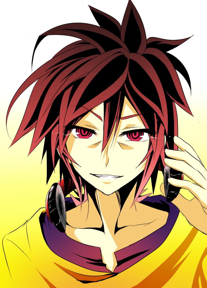 1boy brown_hair collarbone eyebrows_visible_through_hair hair_between_eyes headphones headphones_around_neck highres holding holding_headphones mimi0846 no_game_no_life portrait red_eyes shirt solo sora_(no_game_no_life) spiky_hair yellow_shirt