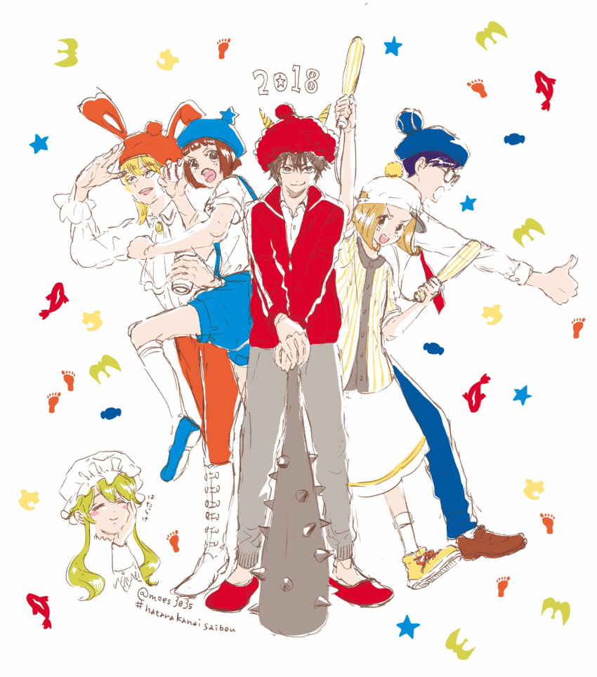 2018 2girls 3boys ae-036 ae-1516 ae-3104 ae-328 ae-871 animal_hat baseball baseball_cap blonde_hair boots bunny_hat club erythroblast hashtag hat hatarakanai_saibou hataraku_saibou highres horned_headwear macrophage_(hataraku_saibou) multiple_boys multiple_girls patterned_background pom_pom_(clothes) pose puffy_shorts shorts simple_background sketch spiked_club thumbs_up twitter_username weapon white_background white_footwear