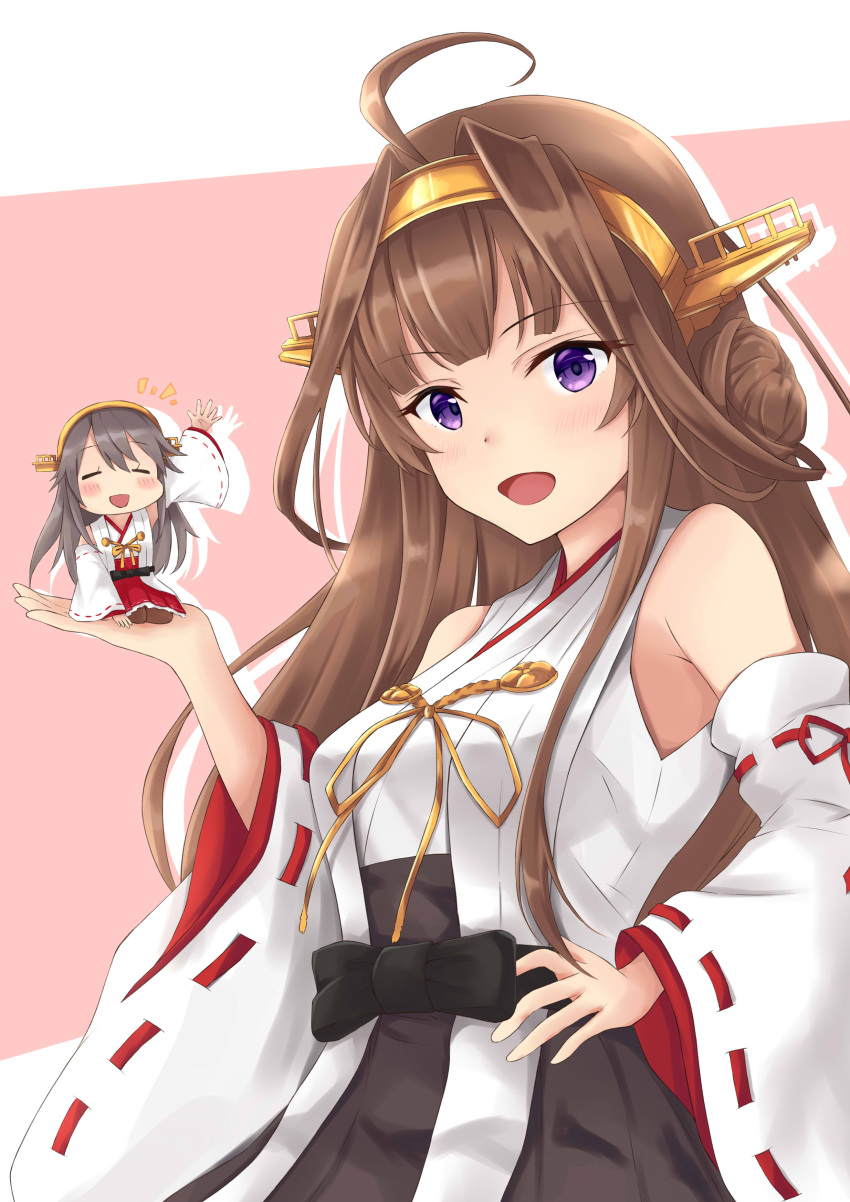 2girls :d absurdres ahoge bare_shoulders black_hair brown_hair chibi closed_eyes dazzle_paint detached_sleeves double_bun gensoukitan haruna_(kantai_collection) headgear highres kantai_collection kongou_(kantai_collection) long_hair looking_at_viewer multiple_girls nontraditional_miko open_mouth remodel_(kantai_collection) seiza simple_background sitting smile upper_body violet_eyes waving_arm