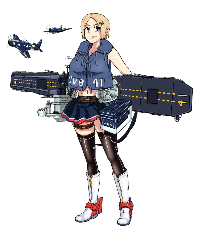 1girl absurdres aircraft aircraft_request belt black_legwear blonde_hair blue_eyes boots breasts f8f_bearcat flight_deck freckles groin highres kantai_collection knee_boots large_breasts life_vest midriff navel original rigging short_hair skindentation skirt smirk solo stacking_mann thigh-highs thigh_strap transparent_background uss_midway_(cv-41) white_footwear