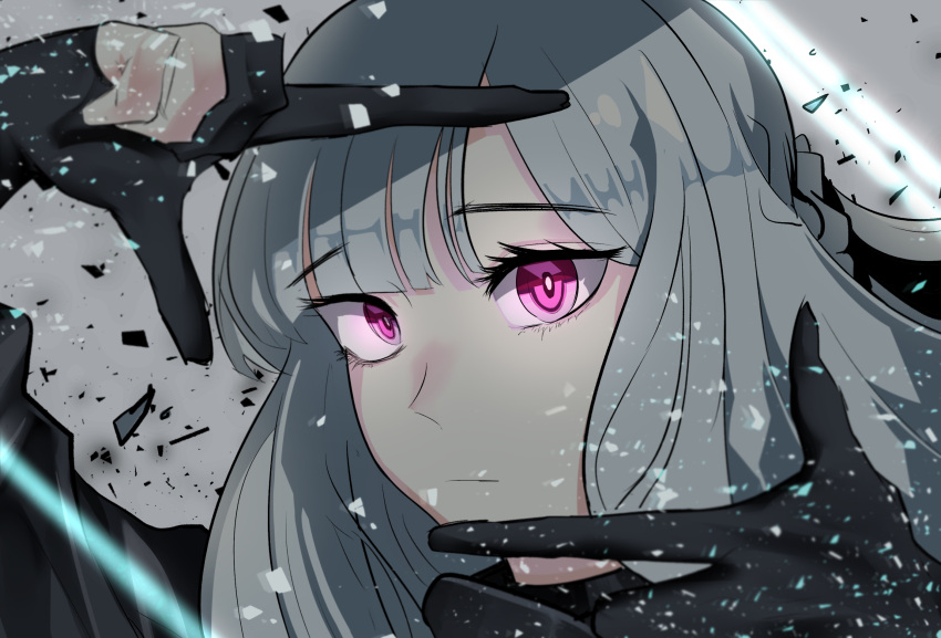 1girl ak-12_(girls_frontline) bangs braid cizzi closed_mouth commentary_request expressionless eyebrows_visible_through_hair eyelashes face finger_frame french_braid girls_frontline gloves glowing highres long_hair looking_at_viewer particles partly_fingerless_gloves portrait red_eyes sidelocks silver_hair solo