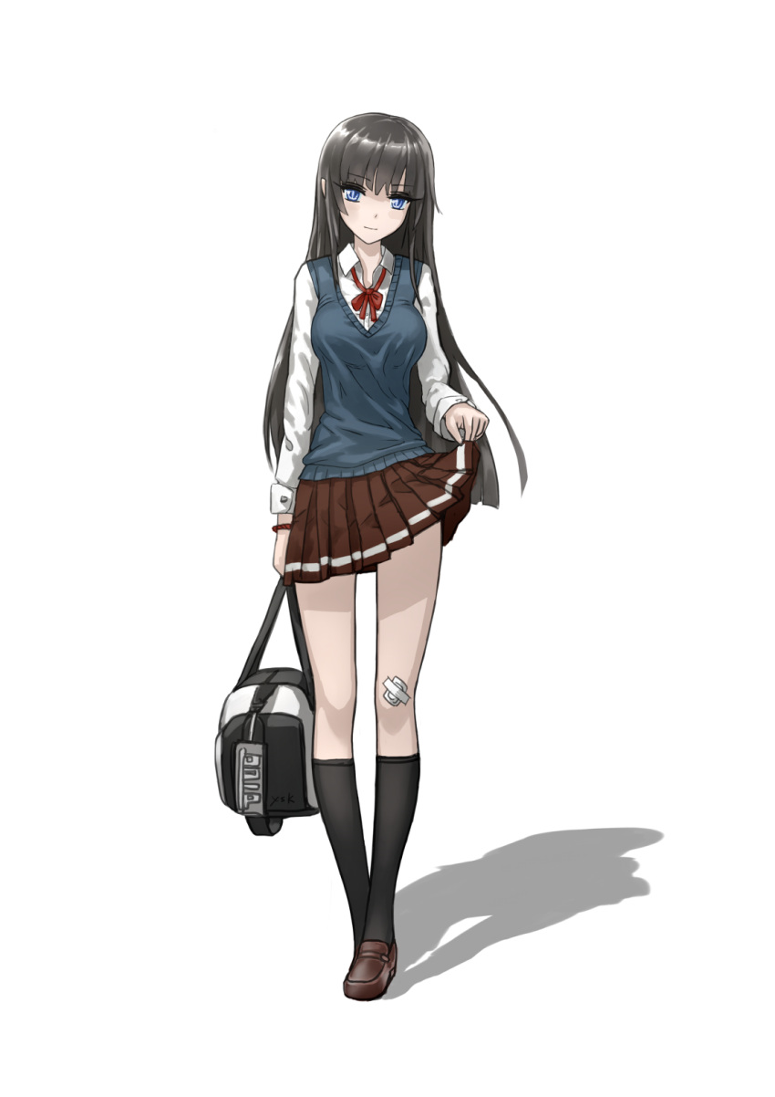 1girl arm_at_side bag bangs black_hair black_legwear blue_eyes blue_vest breasts brown_footwear brown_skirt closed_mouth collared_shirt duffel_bag eyebrows_visible_through_hair full_body highres holding holding_bag lifted_by_self loafers long_sleeves looking_at_viewer medium_breasts miniskirt original pleated_skirt red_ribbon ribbon school_uniform shadow shirt shoes si_(ruanmumu) simple_background skirt skirt_lift smile socks solo standing straight_hair sweater_vest vest white_background white_shirt