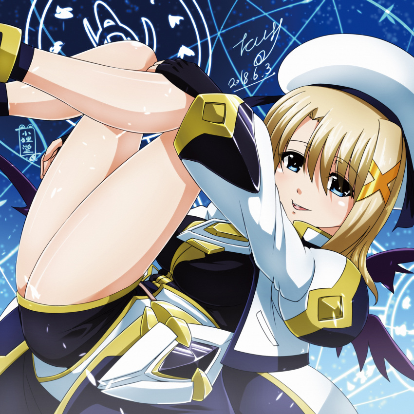 1girl 2018 :d bangs black_dress black_gloves blonde_hair blue_eyes dated dress eyebrows_visible_through_hair fingerless_gloves gloves hair_between_eyes hair_ornament hat highres long_hair lyrical_nanoha mahou_shoujo_lyrical_nanoha open_mouth shiny shiny_skin short_dress smile solo tappa_(esperanza) watermark white_hat x_hair_ornament yagami_hayate