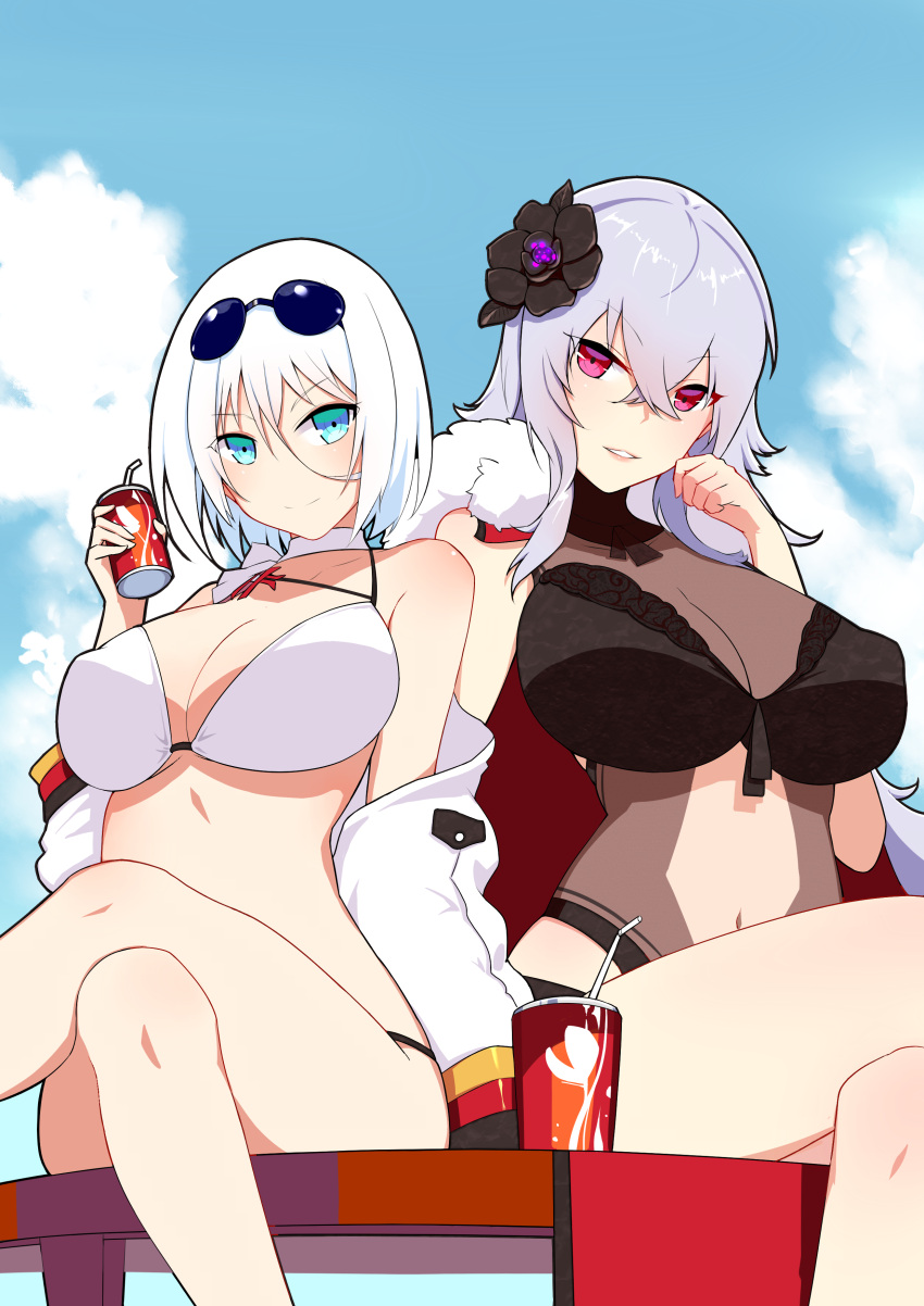 &gt;:) 2girls absurdres artist_request azur_lane bikini black_bikini blue_eyes blue_sky breasts can clouds cloudy_sky commentary_request day erect_nipples eyewear_on_head flower graf_zeppelin_(azur_lane) grey_hair hair_between_eyes hair_flower hair_ornament highres large_breasts legs_crossed long_hair multiple_girls off_shoulder parted_lips red_eyes sitting sky soda_can sunglasses swimsuit tirpitz_(azur_lane) white_bikini white_hair