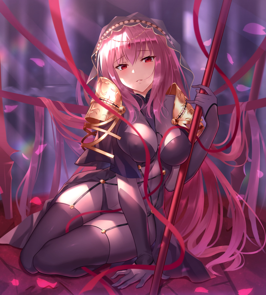 1girl bangs black_fire_(peter02713) blush bodysuit breasts capelet circlet fate/grand_order fate_(series) forehead_jewel gae_bolg hair_between_eyes highres hips large_breasts lighting long_hair looking_at_viewer parted_lips pauldrons petals polearm purple_bodysuit purple_hair red_eyes red_ribbon ribbon scathach_(fate/grand_order) sitting smile solo spear thighs veil weapon