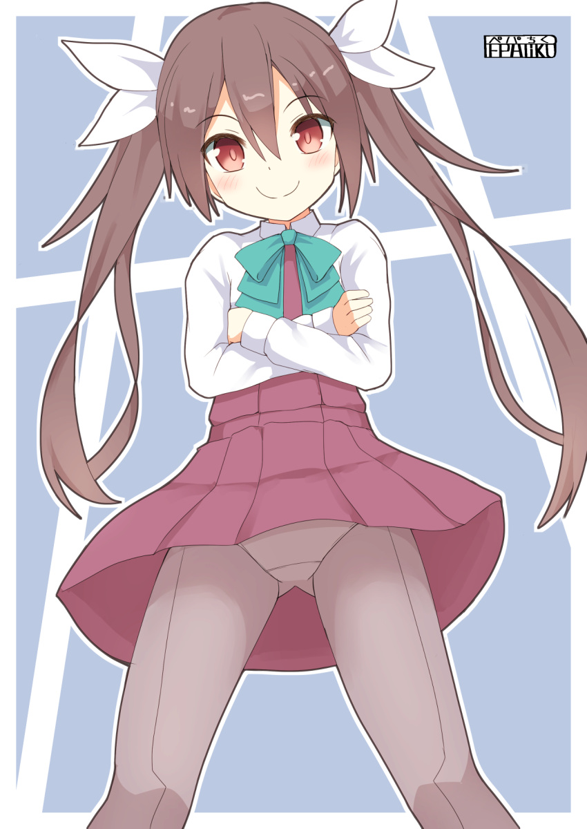 1girl alternate_costume artist_name bow bowtie brown_hair collared_shirt cosplay dress grey_legwear hair_ribbon highres kantai_collection long_hair long_sleeves looking_at_viewer panties panties_under_pantyhose pantyhose pepatiku pleated_skirt red_eyes ribbon school_uniform shirt skirt smile solo tone_(kantai_collection) twintails underwear white_panties white_ribbon white_shirt yuugumo_(kantai_collection) yuugumo_(kantai_collection)_(cosplay)