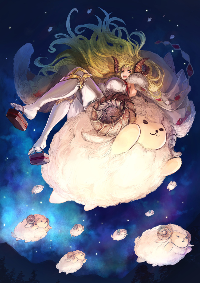 1girl :d anila_(granblue_fantasy) animal blonde_hair breasts cape draph eyebrows_visible_through_hair flying from_below fur_cape granblue_fantasy highres horns huge_breasts knee_pads legs long_hair night night_sky open_mouth riding sandals sheep sheep_horns shoe_dangle shouma_(bravespiritya) sky smile thigh-highs very_long_hair white_legwear yellow_eyes