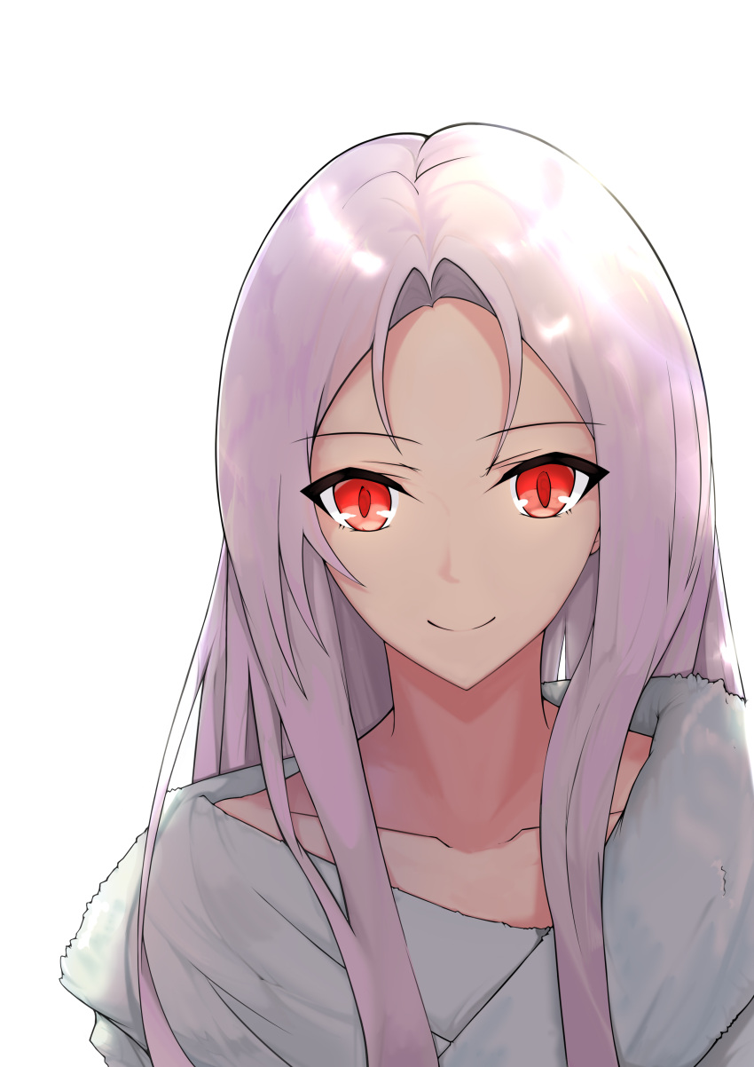 1girl absurdres amen collarbone eyebrows_visible_through_hair highres long_hair looking_at_viewer original pink_hair red_eyes shiny shiny_hair simple_background smile solo upper_body white_background