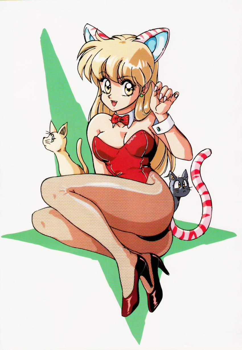 1girl animal_ears ass blonde_hair breasts cat cat_ears cat_tail cleavage detached_collar earrings eyebrows_visible_through_hair fishnet_legwear fishnets high_heels highres jewelry leotard long_hair looking_at_viewer medium_breasts mon_mon open_mouth pumps red_footwear red_leotard simple_background solo striped_tail tail twisted_torso upper_teeth white_background wrist_cuffs yellow_eyes