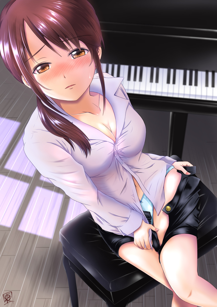 1girl absurdres blush breasts brown_hair cleavage collarbone dress_shirt etude_wa_ikkyoku_dake from_above highres idolmaster idolmaster_cinderella_girls instrument midriff mifune_miyu navel piano ponytail shirt shorts sitting solo uraroji