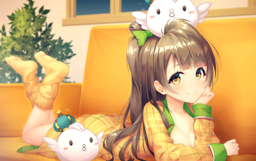 1girl bangs bow breasts brown_hair chin_rest cleavage couch feet_up green_bow grey_hair hair_bow indoors kokkeina_budou long_hair long_sleeves looking_at_viewer love_live! love_live!_school_idol_festival love_live!_school_idol_project lying minami_kotori minami_kotori_(bird) night object_on_head on_stomach one_side_up open_clothes open_shirt plaid_pajamas revision smile socks solo sparkle yellow_eyes yellow_legwear