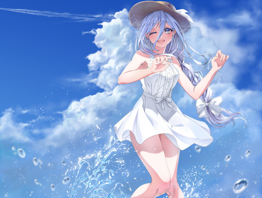 1girl :d ;d armpits bare_legs bare_shoulders blue_eyes blue_hair blue_sky braid breasts clouds cloudy_sky date_a_live day dress hair_between_eyes hair_ribbon hands_up hat hat_ribbon highres long_hair looking_at_viewer medium_breasts mikaisha one_eye_closed open_mouth outdoors ribbon silver_hair sky smile solo splashing straw_hat sundress takamiya_mio upper_teeth very_long_hair water white_dress white_ribbon
