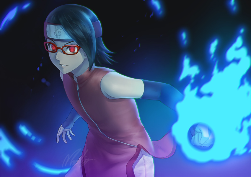1girl arm_warmers bare_shoulders black_background black_hair blurry boruto:_naruto_next_generations clenched_hand commentary english_commentary fire forehead_protector glasses glowing jacket looking_away natsuyu parted_lips red-framed_eyewear red_eyes red_jacket sharingan short_hair shorts signature sleeveless_jacket solo standing uchiha_sarada white_shorts