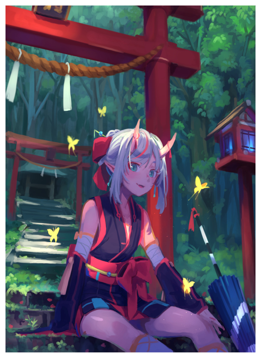 1girl aqua_eyes bare_shoulders bug butterfly chikuwa_(garakuta_waakusu) commentary_request detached_sleeves forest hair_ribbon highres horns insect japanese_clothes lantern looking_at_viewer nature oni open_mouth oriental_umbrella original ribbon sash sidelocks silver_hair sitting smile solo tied_hair torii umbrella