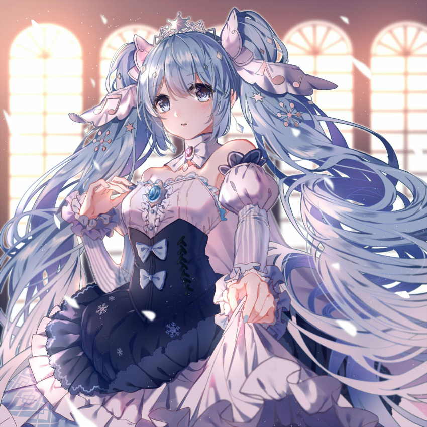 1girl akira_(ying) bad_id bad_pixiv_id blue_dress blue_eyes blue_hair detached_sleeves dress hatsune_miku highres long_hair looking_at_viewer musical_note_hair_ornament nail_polish skirt_hold solo tiara twintails very_long_hair vocaloid window