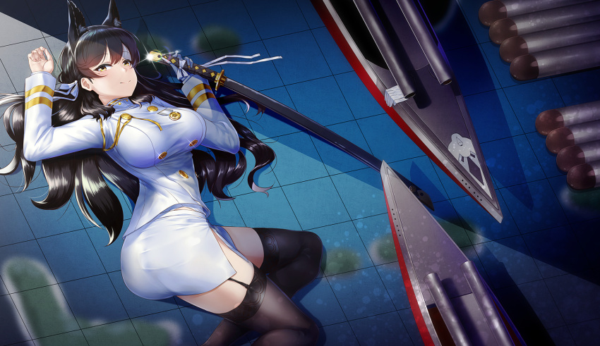 1girl animal_ears ass atago_(azur_lane) azur_lane bangs black_hair black_legwear blush breasts brown_eyes cannon closed_mouth extra_ears eyebrows_visible_through_hair gloves hair_between_eyes hair_ribbon half-closed_eyes highres holding holding_sword holding_weapon jacket kagiyama_(gen'ei_no_hasha) katana large_breasts long_hair long_sleeves looking_at_viewer lying machinery military military_uniform mole mole_under_eye on_floor pencil_skirt ribbon rigging shirt sidelocks skirt smile solo sparkle swept_bangs sword thigh-highs thighs torpedo tsurime twisted_torso uniform weapon white_ribbon white_shirt