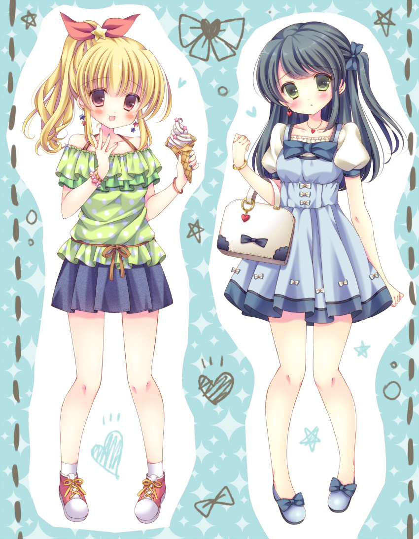 2girls :d arm_at_side bag bangs black_hair blue blue_bow blue_dress blue_nails blue_skirt bow bracelet brown_eyes clenched_hands dress earrings flats frilled_shirt frills full_body green_eyes green_shirt hair_bow hair_ornament hair_ribbon halter_top halterneck hand_up handbag heart heart_earrings heart_pendant highres holding ice_cream_cone jewelry kouta. long_hair looking_at_viewer multicolored multicolored_nails multiple_girls nail_polish one_side_up open_mouth original outline pigeon-toed pleated_skirt polka_dot polka_dot_shirt ponytail red_nails red_ribbon ribbon shirt shoes sidelocks skirt smile sneakers socks standing star star_hair_ornament white_legwear white_outline