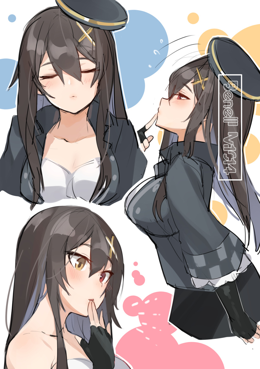 absurdres bangs bare_legs black_hair blush breasts brown_eyes brown_hair character_name cleavage closed_eyes finger_to_mouth girls_frontline hair_between_eyes hair_ornament hat heterochromia highres jacket jingo long_hair looking_at_viewer m1014_(girls_frontline) medium_breasts multiple_views red_eyes shirt sidelocks solo very_long_hair x_hair_ornament yellow_eyes