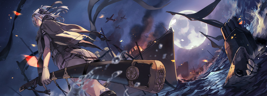 1girl aircraft airplane ass bangs blue_eyes blurry_foreground bodysuit breasts clothes_writing damaged destroyer expressionless fire floating_hair from_side fujita_(condor) full_moon gloves hachimaki hair_between_eyes hair_ornament headband highres holding holding_sword holding_weapon i-class_destroyer jacket_on_shoulders kantai_collection katana light_particles long_hair looking_afar medium_breasts military military_vehicle miniskirt moon night night_sky ocean one_side_up pleated_skirt sailor_collar school_uniform serafuku sheath sheathed ship sidelocks silver_hair skirt sky smoke solo splashing star_(sky) starry_sky suzutsuki_(kantai_collection) sword torn_clothes torpedo_launcher warship watercraft waves weapon white_gloves