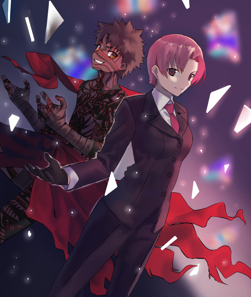 1boy 1girl avenger bandage bazett_fraga_mcremitz black_gloves black_jacket black_pants brown_eyes brown_hair dark_skin dutch_angle eyebrows_visible_through_hair fate/hollow_ataraxia fate_(series) formal gloves grin highres jacket kaerude123 looking_at_viewer necktie orange_eyes pant_suit pants red_neckwear redhead shirt short_hair smile standing suit tattoo white_shirt