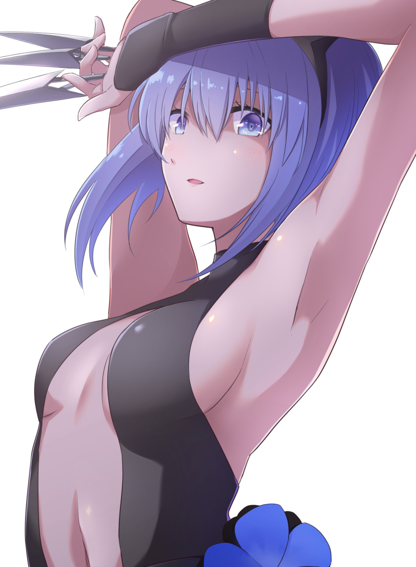 1girl armpits arms_up bangs bare_shoulders belt black_belt black_gloves black_hairband black_leotard breasts center_opening dagger dark_skin fate/prototype fate/prototype:_fragments_of_blue_and_silver fate_(series) fingerless_gloves gloves hairband hassan_of_serenity_(fate) highres holding holding_dagger holding_weapon leotard looking_at_viewer navel parted_lips purple_hair sideboob simple_background solo upper_body violet_eyes walkure weapon white_background