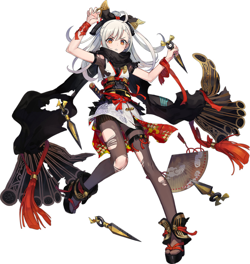 &gt;:o 1girl ahoge azutarou black_scarf brown_eyes brown_legwear fan full_body hair_ornament high_ponytail kunai long_hair looking_at_viewer official_art oshiro_project oshiro_project_re pantyhose paper_fan sandals scarf sheath sheathed sogou_(oshiro_project) solo thigh_strap torn_clothes torn_pantyhose transparent_background weapon white_hair