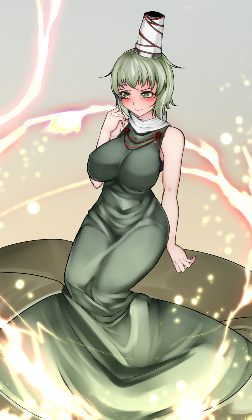 1girl aoshima bare_arms bare_shoulders blush breasts commentary_request dress electricity gradient gradient_background green_dress green_eyes green_hair grey_background hand_up hat highres large_breasts long_dress pink_lips scarf short_hair sleeveless sleeveless_dress soga_no_tojiko solo tan_background tate_eboshi touhou white_scarf