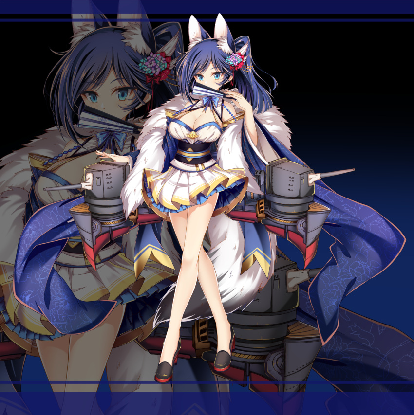 1girl animal_ears azur_lane black_footwear blue_eyes blue_hair breasts cleavage covering_mouth detached_sleeves fan folding_fan full_body hair_ornament highres holding holding_fan jianren jintsuu_(azur_lane) large_breasts long_hair long_sleeves looking_at_viewer obi official_art ponytail ribbon sash skirt smile solo standing tail wide_sleeves zoom_layer