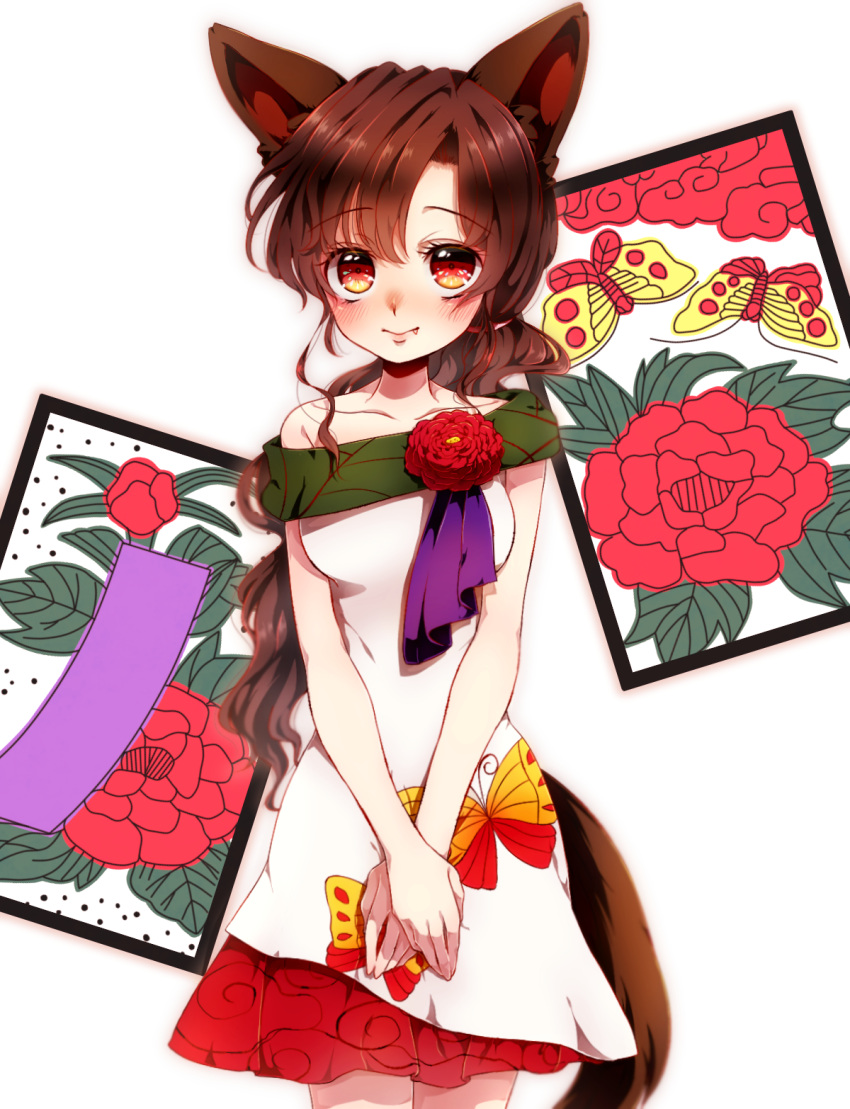 1girl adapted_costume animal_ears blush breasts brown_hair bug butterfly card collarbone dress fang flower hanafuda highres imaizumi_kagerou insect japanese_clothes long_hair looking_at_viewer medium_breasts meiousei_(mamea) off_shoulder red_eyes simple_background smile solo tail touhou white_background wolf_ears