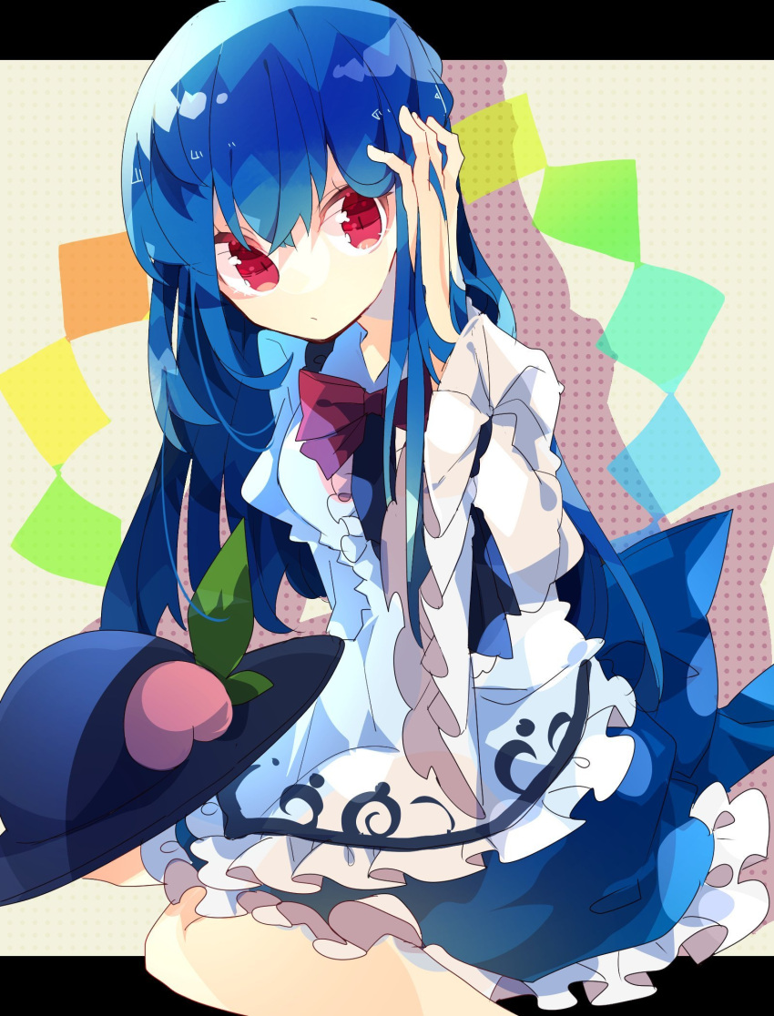 1girl bangs blue_bow blue_hair blue_skirt bow dress_shirt food frills fruit hand_up hat hat_removed headwear_removed highres hinanawi_tenshi leaf long_hair long_sleeves nikorashi-ka peach red_eyes shirt sitting skirt solo touhou wide_sleeves