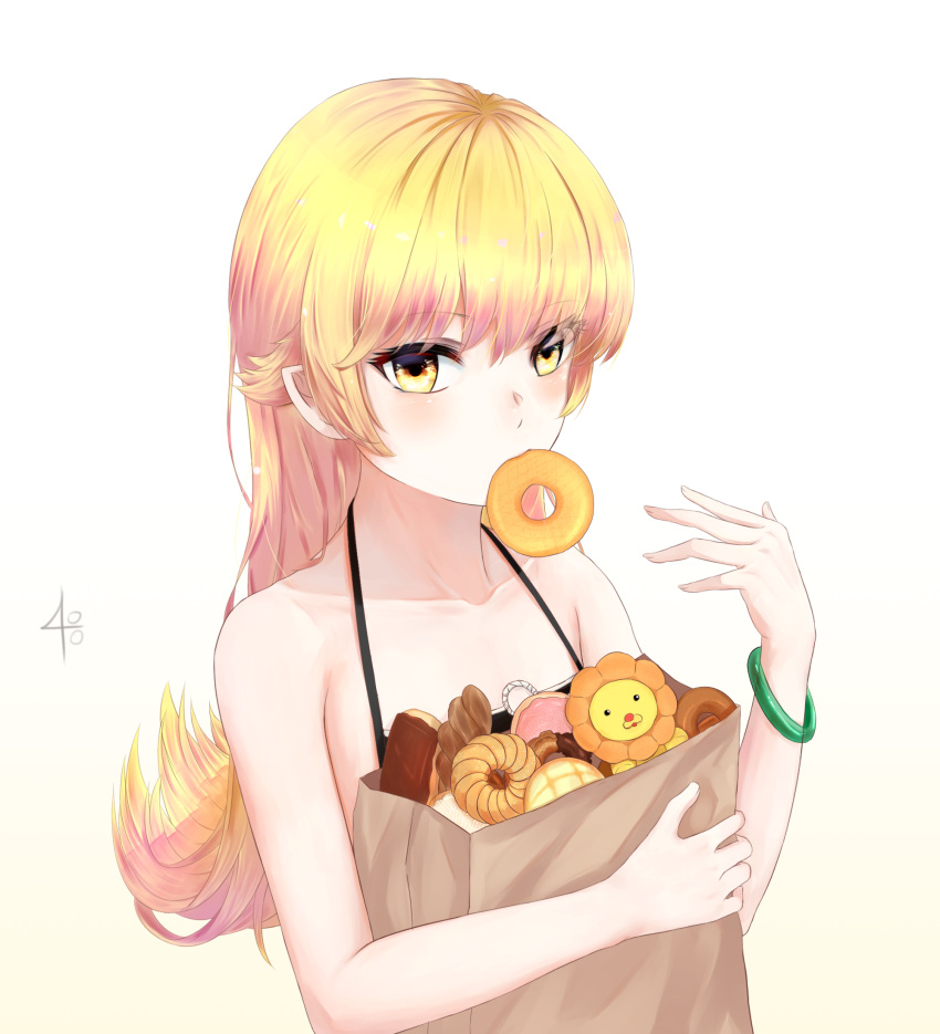 1girl 210240_(pixiv) bangs blonde_hair bracelet collarbone doughnut eyebrows_visible_through_hair floating_hair food highres jewelry long_hair looking_at_viewer monogatari_(series) mouth_hold oshino_shinobu simple_background sleeveless solo transparent upper_body very_long_hair white_background yellow_eyes