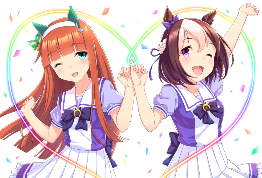 2girls ;d animal_ears arm_up bangs blunt_bangs blush bow bowtie braid breasts brown_hair collarbone commentary_request confetti ear_covers ear_ribbon eyebrows_visible_through_hair floating_hair french_braid frilled_skirt frills green_eyes hair_between_eyes hair_bow hair_ribbon hairband hands_up head_tilt heart high-waist_skirt highres hime_cut horse_ears long_hair looking_at_viewer multicolored_hair multiple_girls one_eye_closed open_mouth orange_hair outstretched_arm pinky_swear pleated_skirt puffy_short_sleeves puffy_sleeves purple_bow purple_neckwear purple_ribbon ribbon school_uniform shiny shiny_hair short_hair short_sleeves sidelocks silence_suzuka simple_background skirt small_breasts smile special_week standing straight_hair tareme tomo_(user_hes4085) two-tone_hair umamusume violet_eyes white_background white_hair white_hairband white_skirt