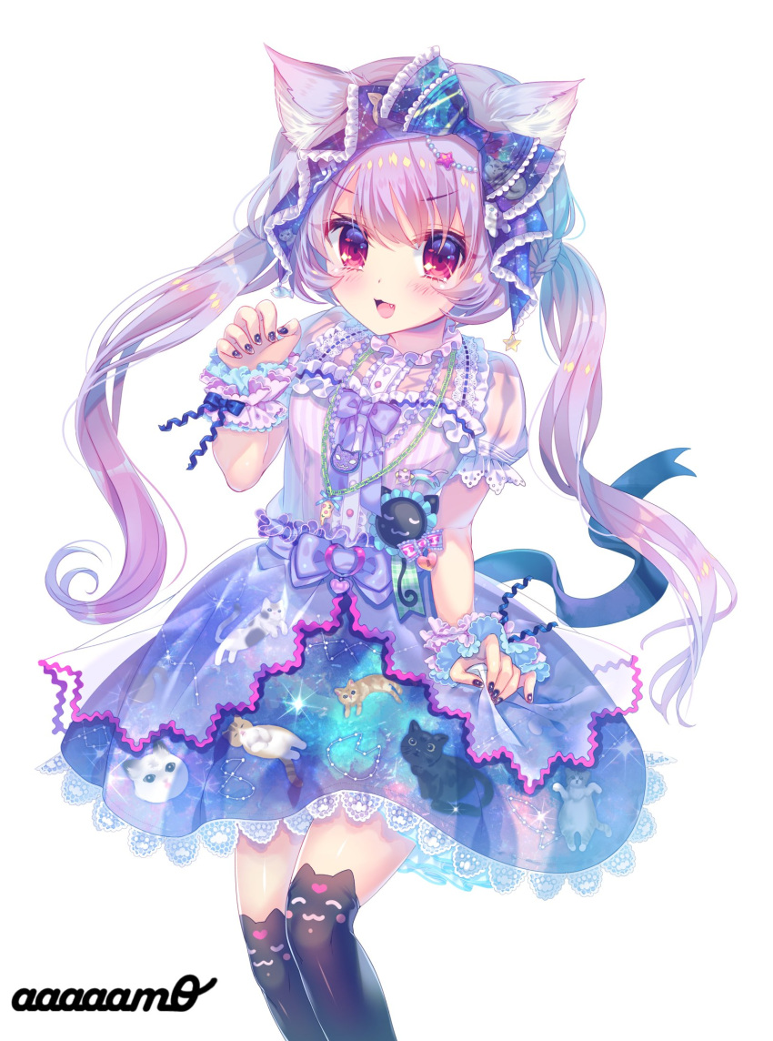 1girl :d amo animal_band_legwear animal_ears animal_print artist_name badge black_legwear black_nails blue_bow blue_dress blush bow button_badge cat_band_legwear cat_ears cat_print center_frills chain_necklace commentary_request dress fang frilled_bow frills glitter hair_bow highres jewelry long_hair looking_at_viewer multicolored multicolored_clothes multicolored_dress nail_polish neck_ribbon open_mouth original over-kneehighs overskirt paw_pose pendant print_dress purple_dress purple_hair purple_neckwear ribbon sash simple_background skirt_hold smile solo sparkle thigh-highs twintails v-shaped_eyebrows violet_eyes white_background wrist_cuffs