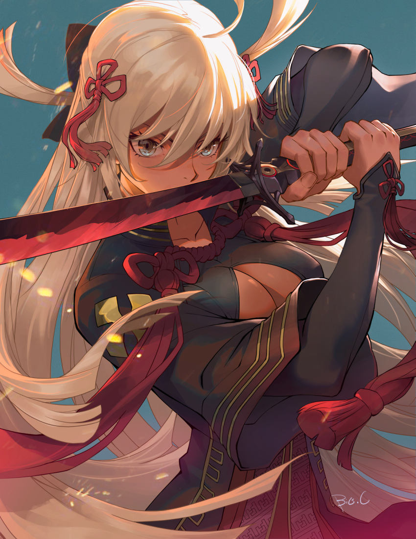 1girl ahoge arm_guards arm_up bangs big.c black_bow black_coat blue_background bow breasts coat collarbone commentary_request dark_skin family_crest fate_(series) fighting_stance fingernails floating_hair grey_eyes hair_between_eyes hair_bow hair_ornament high_collar highres holding holding_sword holding_weapon koha-ace light long_hair looking_at_viewer medium_breasts okita_souji_(alter)_(fate) okita_souji_(fate)_(all) open_clothes open_coat serious short_sleeves signature simple_background solo standing sword tassel tied_hair upper_body v-shaped_eyes very_long_hair weapon white_hair wide_sleeves wind