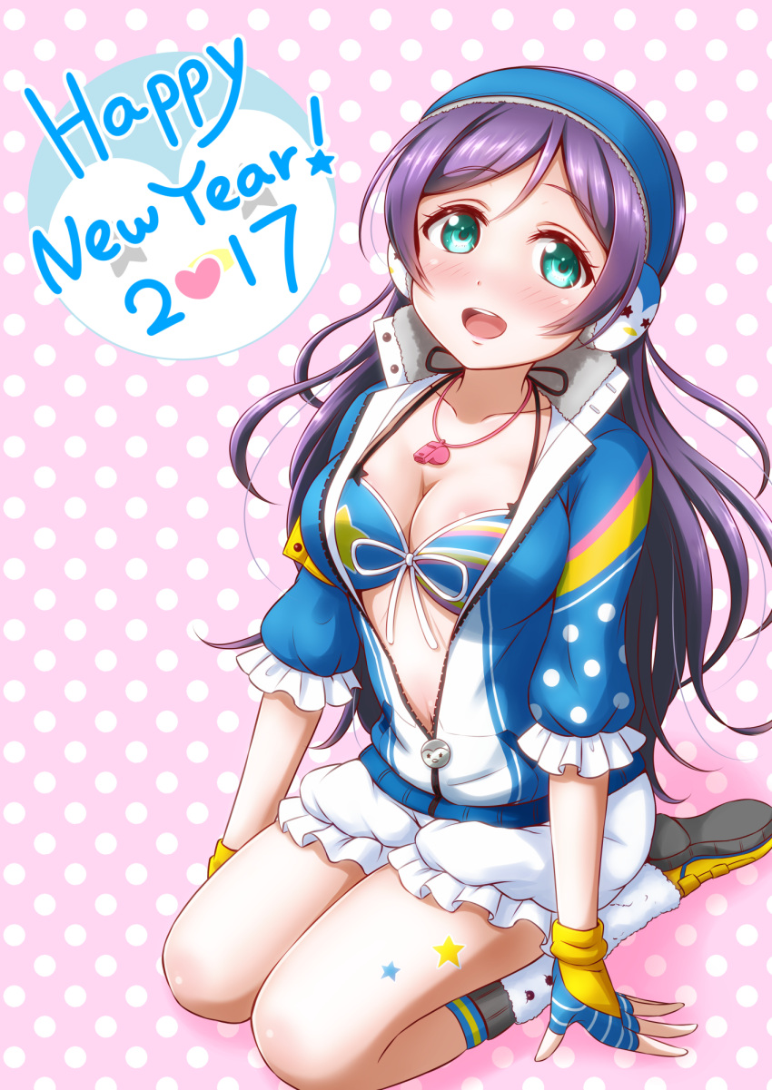 1girl 2017 :d bangs bikini_top breasts cardigan ckst cleavage collarbone fingerless_gloves gloves green_eyes hair_between_eyes happy_new_year highres kneeling long_hair love_live! love_live!_school_idol_festival medium_breasts new_year open_cardigan open_clothes open_mouth parted_bangs partially_unzipped pink_background polka_dot polka_dot_background purple_hair ribbon shiny shiny_skin short_shorts shorts smile solo toujou_nozomi very_long_hair whistle white_ribbon white_shorts