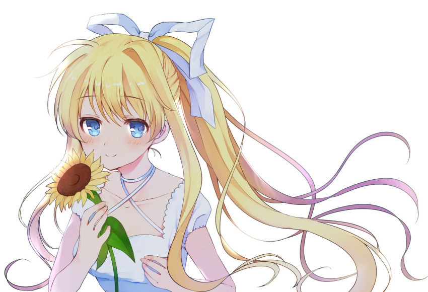 1girl air blonde_hair blue_eyes dress eyebrows_visible_through_hair flower hair_ribbon kamio_misuzu light_smile looking_at_viewer ponytail ribbon short_sleeves simple_background smile solo sunflower upper_body white_background white_dress white_ribbon yushima