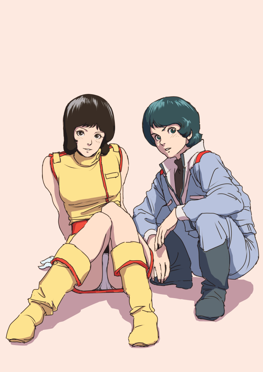 1boy 1girl absurdres black_eyes black_hair blue_hair boots fa_yuiry green_eyes gundam haman_karn highres looking_at_viewer simple_background sitting smile squatting teikoku_jokyoku zeta_gundam