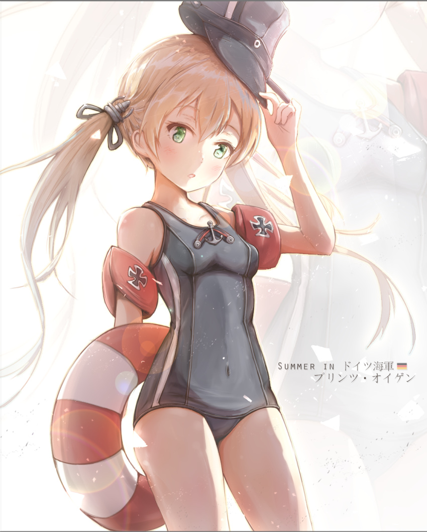 1girl :o anchor_hair_ornament bangs black_swimsuit blonde_hair blue_eyes blush breasts character_name collarbone covered_navel cowboy_shot floatation_devices floating_hair hair_ornament hand_on_headwear hat highres holding iron_cross jerry3912 kantai_collection lifebuoy long_hair looking_at_viewer low_twintails open_mouth peaked_cap prinz_eugen_(kantai_collection) school_swimsuit sidelocks small_breasts solo swimsuit thighs twintails uniform