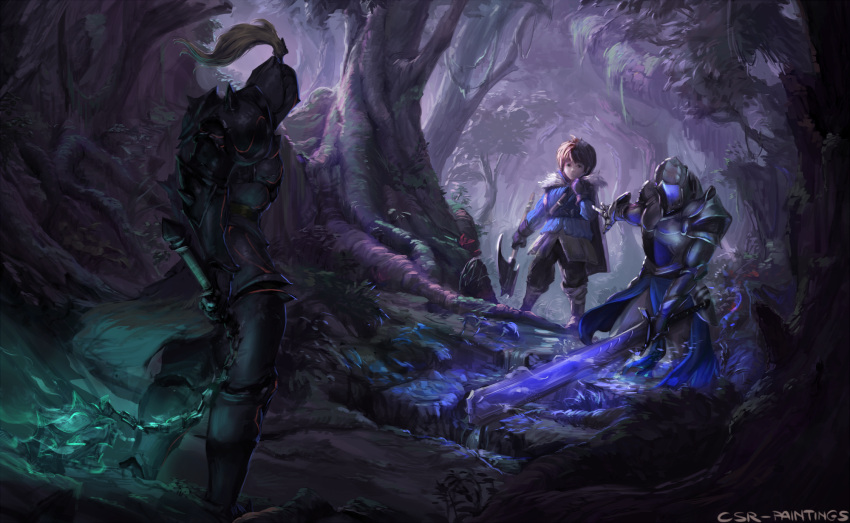 armor axe cutesexyrobutts forest gloves helmet highres knight nature night short_hair sword weapon