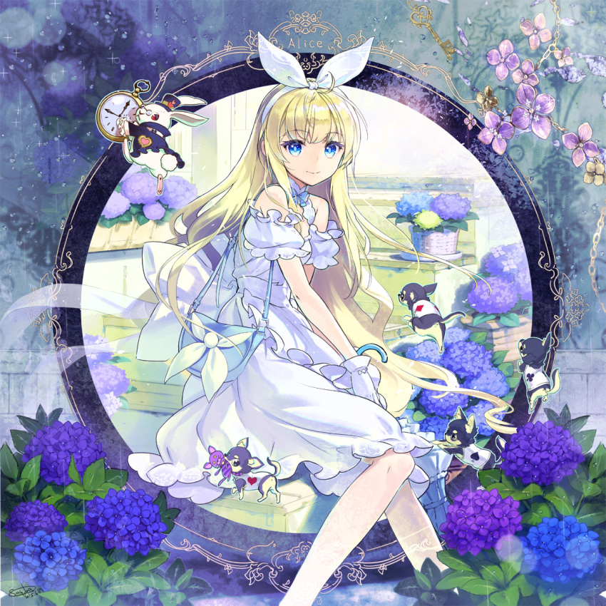 1girl alice_(wonderland) alice_in_wonderland animal bag bangs bare_shoulders black_hat blonde_hair blue_eyes blue_flower character_doll character_name cheshire_cat closed_mouth clothed_animal club_(shape) commentary_request dated detached_sleeves diamond_(shape) dog dress eyebrows_visible_through_hair flower hair_ribbon hairband hat heart highres hydrangea key long_hair looking_at_viewer looking_to_the_side mouth_hold pocket_watch puffy_short_sleeves puffy_sleeves purple_flower ribbon sanbasou short_sleeves shoulder_bag signature sitting sleeveless sleeveless_dress solo spade_(shape) striped stuffed_animal stuffed_cat stuffed_toy top_hat very_long_hair watch white_dress white_hairband white_rabbit white_ribbon