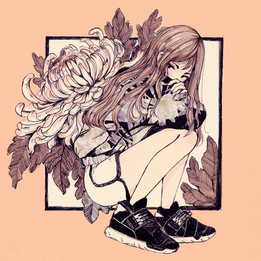 1girl bangs black_footwear blush brown_hair crisalys crossed_arms eyeshadow flower full_body highres leaf long_hair looking_at_viewer makeup monochrome orange_background original sepia shoes shorts sneakers solo squatting