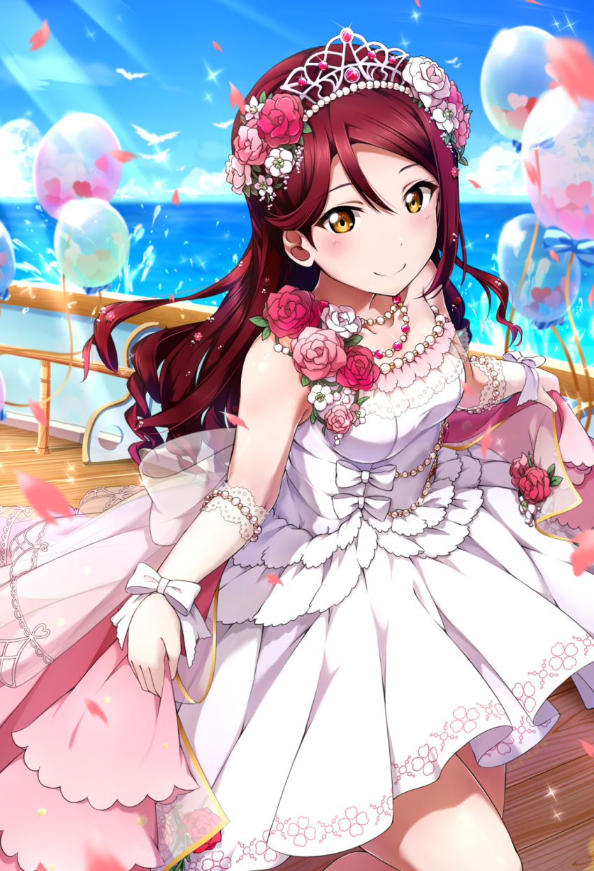 1girl balloon bird bow cherry_blossoms day dock dress elbow_gloves flower gloves hair_flower hair_ornament highres jewelry lace lace-trimmed_gloves long_hair looking_at_viewer love_live! love_live!_school_idol_festival love_live!_sunshine!! necklace ocean outdoors overskirt petals pink_flower pink_rose redhead ribbon rose sakurauchi_riko shiimai skirt_hold smile solo sparkle tiara wedding_dress white_bow white_dress white_flower white_gloves white_rose wrist_ribbon yellow_eyes