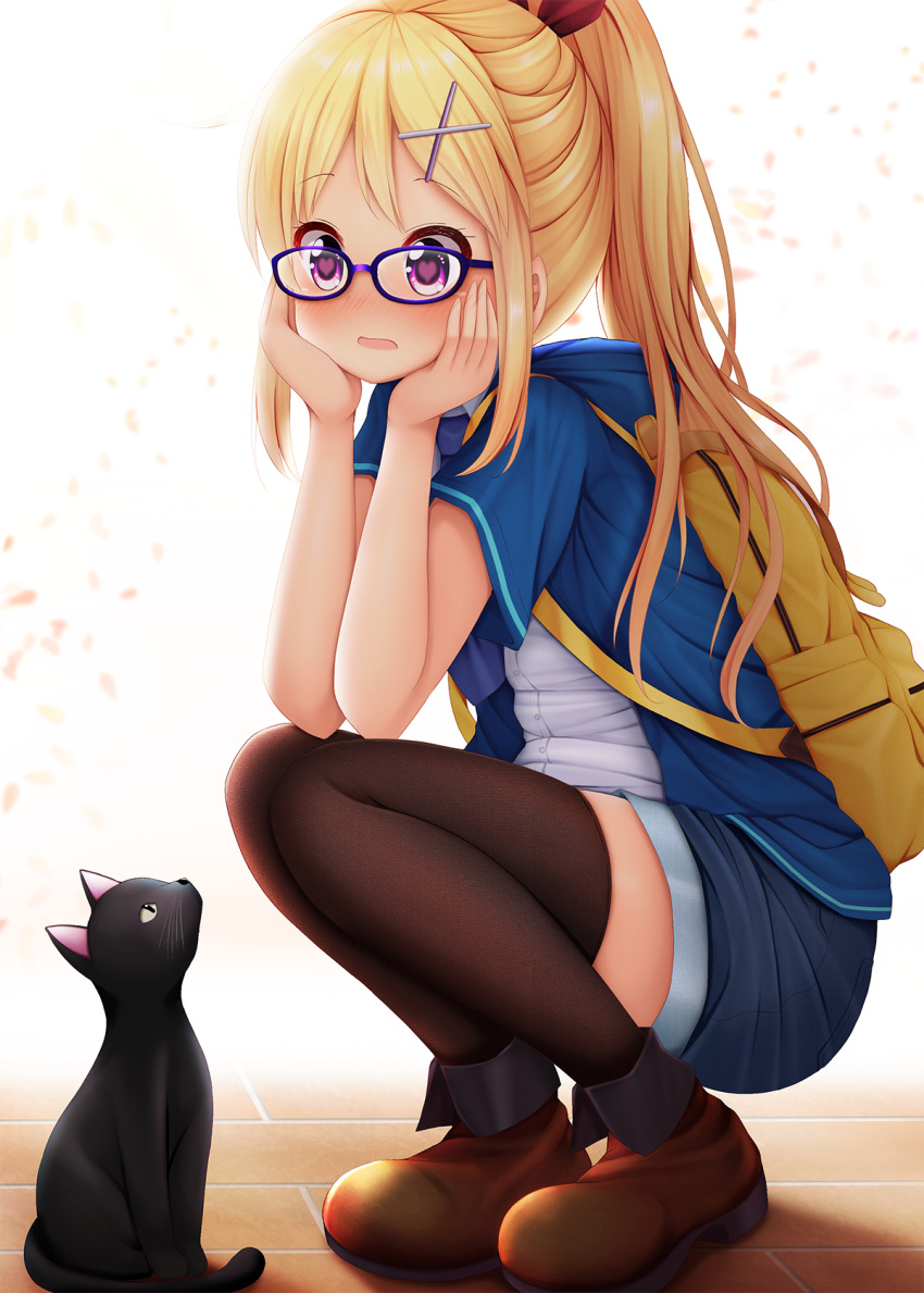 1girl animal backpack bag black_cat blonde_hair blue-framed_eyewear blue_jacket blue_shorts blush boots bow brown_footwear brown_legwear cat commentary_request dress_shirt full_body glasses hair_bow hair_ornament hands_on_own_cheeks hands_on_own_face heart heart-shaped_pupils high_ponytail highres jacket kin-iro_mosaic kujou_karen long_hair looking_at_animal minato_(ojitan_gozaru) nose_blush open_clothes open_jacket open_mouth outdoors ponytail red_bow shirt short_shorts short_sleeves shorts sidelocks solo squatting symbol-shaped_pupils thigh-highs thighs very_long_hair violet_eyes white_shirt x_hair_ornament