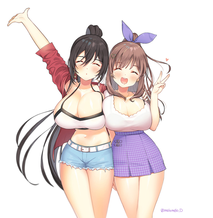 2girls :d :o ^_^ arm_up bangs belt belt_buckle black_hair blue_shorts blush breasts brown_hair buckle cleavage closed_eyes collarbone cowboy_shot crop_top cutoffs earrings eyebrows_visible_through_hair hair_between_eyes hair_ribbon hand_on_another's_shoulder heart high-waist_skirt high_ponytail highres idolmaster idolmaster_shiny_colors jewelry large_breasts melomelo_d miniskirt multiple_girls navel open_mouth plaid plaid_skirt purple_ribbon ribbon shirase_sakuya shirt shorts side-by-side simple_background skirt sleeves_past_elbows smile tank_top teeth tsukioka_kogane twitter_username v white_background white_belt white_shirt