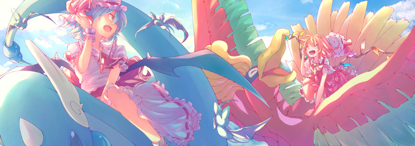 2girls ;d absurdres arm_support ascot bare_arms bat_wings blonde_hair blue_hair blue_sky bow closed_eyes commentary crossover crystal day dragonair dress flandre_scarlet floating_hair flying frilled_shirt_collar frilled_sleeves frills gen_1_pokemon gen_2_pokemon hand_up hat hat_bow hat_ribbon headwear_removed highres ho-oh jun700 looking_at_another medium_hair mob_cap multiple_girls one_eye_closed open_mouth orange_eyes outdoors pink_dress pokemon pokemon_(creature) puffy_short_sleeves puffy_sleeves red_bow red_neckwear red_ribbon red_skirt red_vest remilia_scarlet ribbon riding shirt short_hair short_sleeves siblings sisters skirt skirt_set sky smile touhou vest white_shirt wings wrist_cuffs yellow_eyes yellow_neckwear zubat