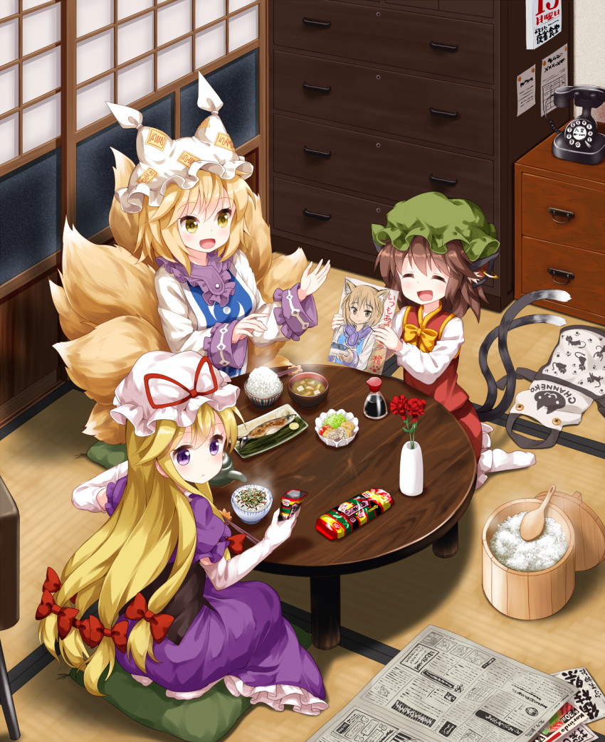 3girls :d ^_^ animal_ears ass blonde_hair bow bowtie brown_hair calendar_(object) cat_ears cat_tail chen chopsticks closed_eyes commentary_request container drawer dress earrings elbow_gloves eyebrows_visible_through_hair fish flower food fox_tail from_behind gloves green_hat hair_between_eyes hair_bow hat hat_ribbon highres holding indoors jewelry long_sleeves looking_at_another looking_at_viewer looking_back miso_soup mob_cap multiple_girls multiple_tails newspaper no_shoes open_mouth petticoat phone pillow_hat purple_dress red_bow red_flower red_ribbon red_rose red_skirt red_vest ribbon rice rose ruu_(tksymkw) short_hair sitting skirt smile socks soup soy_sauce tabard table tail tatami touhou translation_request two_tails vase vest violet_eyes white_gloves white_hat white_legwear wide_sleeves yakumo_ran yakumo_yukari yellow_bow yellow_eyes yellow_neckwear