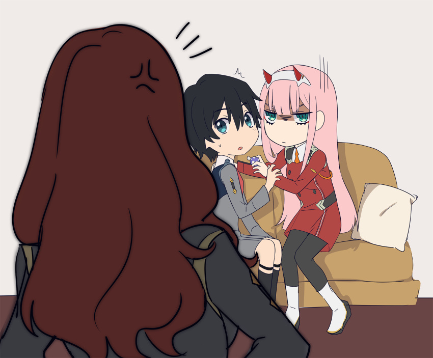 1boy 2girls bangs black_hair black_legwear blue_eyes boots brown_hair commentary couch couple darling_in_the_franxx eyebrows_visible_through_hair green_eyes hair_ornament hairband hand_on_another's_shoulder hetero highres hiro_(darling_in_the_franxx) horns k_016002 long_hair long_sleeves looking_at_another military military_uniform multiple_girls nana_(darling_in_the_franxx) necktie oni_horns orange_neckwear pantyhose pillow pink_hair red_horns red_neckwear short_hair sitting socks sweatdrop uniform white_footwear white_hairband zero_two_(darling_in_the_franxx)