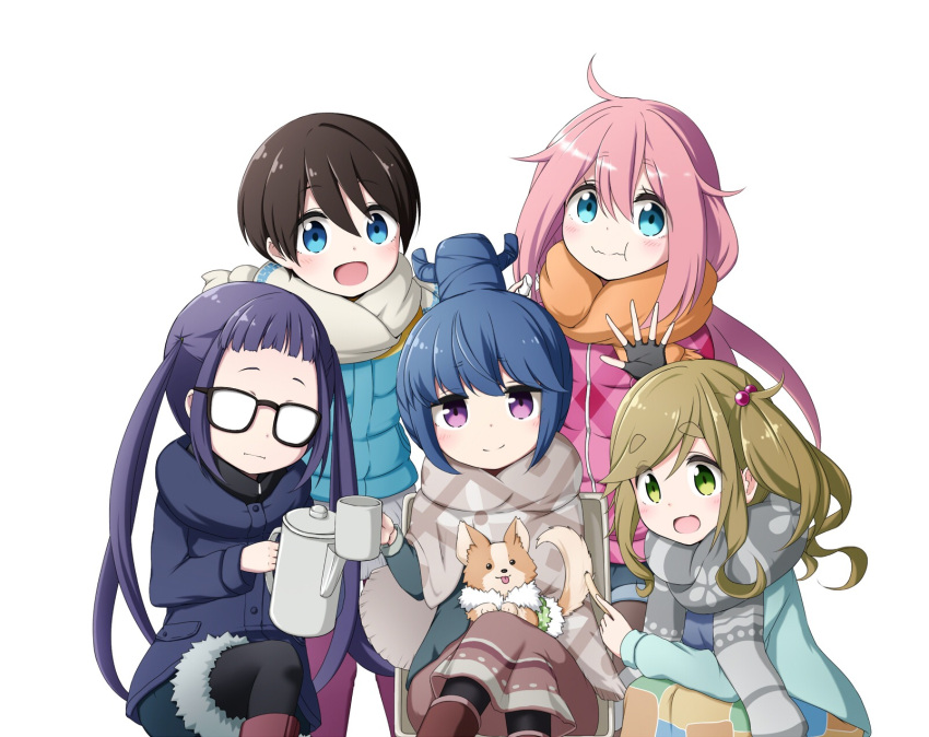 5girls :d :i :t bangs black-framed_eyewear black_gloves black_legwear blue_coat blue_hair blunt_bangs blush brown_hair brown_skirt cactus chair chikuwa_(yurucamp) closed_mouth cup dog eating eyebrows_visible_through_hair fingerless_gloves food glasses gloves green_eyes hair_between_eyes hair_bobbles hair_bun hair_ornament head_tilt highres holding holding_cup holding_food inuyama_aoi kagamihara_nadeshiko kuena legs_crossed long_hair long_sleeves looking_at_viewer mug multiple_girls oogaki_chiaki open_mouth orange_scarf pink_coat pink_hair purple_coat purple_hair saitou_ena scarf shawl shima_rin short_hair side_ponytail simple_background sitting skirt smile squatting standing teapot thick_eyebrows tongue tongue_out twintails very_long_hair violet_eyes wavy_mouth white_background white_scarf yurucamp